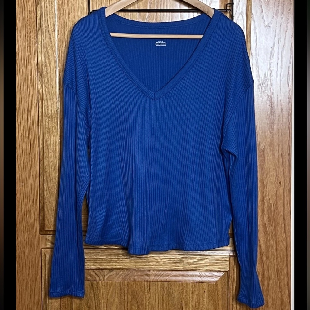 American Eagle Sweater Womens Large Royal Blue Knit V-neck Ribbed Soft Stretch